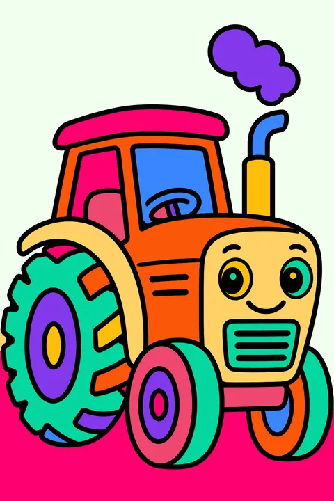 Farm tractor with big back wheels and a puffing exhaust pipe coloring page