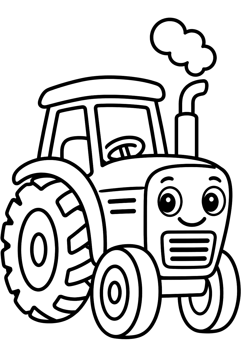 Farm tractor with big back wheels and a puffing exhaust pipe coloring page