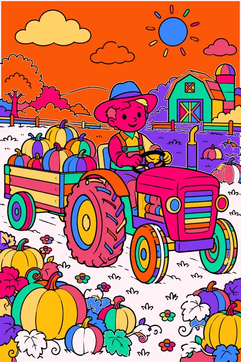 Farmer driving a tractor through a pumpkin patch with a trailer of pumpkins coloring page
