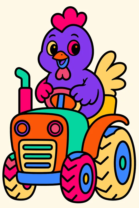 Funny chicken riding on top of a little farm tractor coloring page