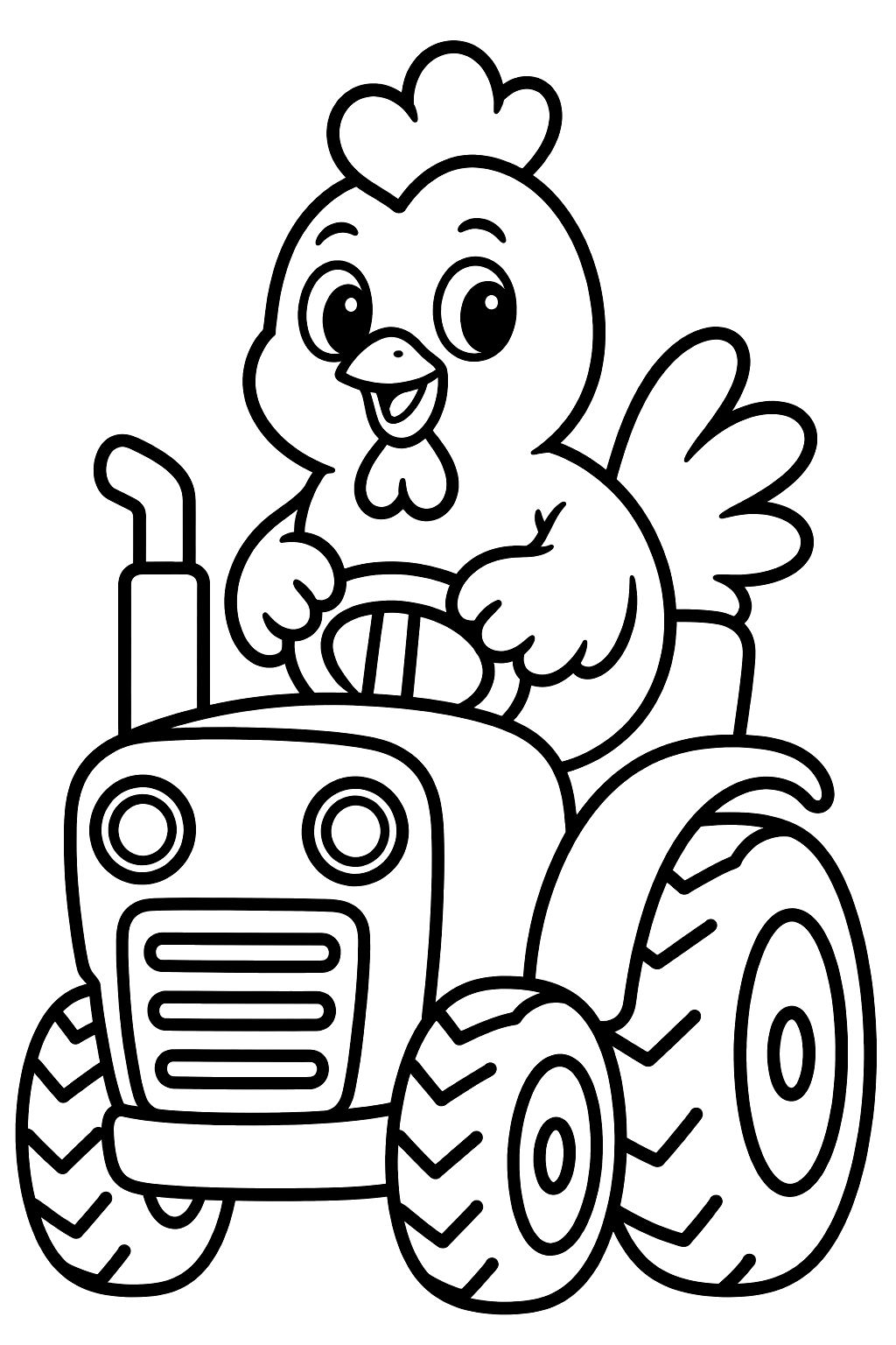 Funny chicken riding on top of a little farm tractor coloring page