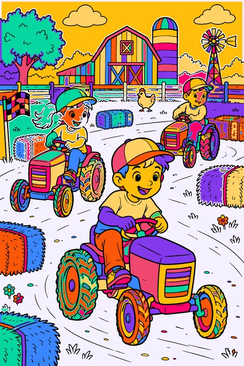 Kids racing pedal tractors around a farm yard with hay bales as markers coloring page