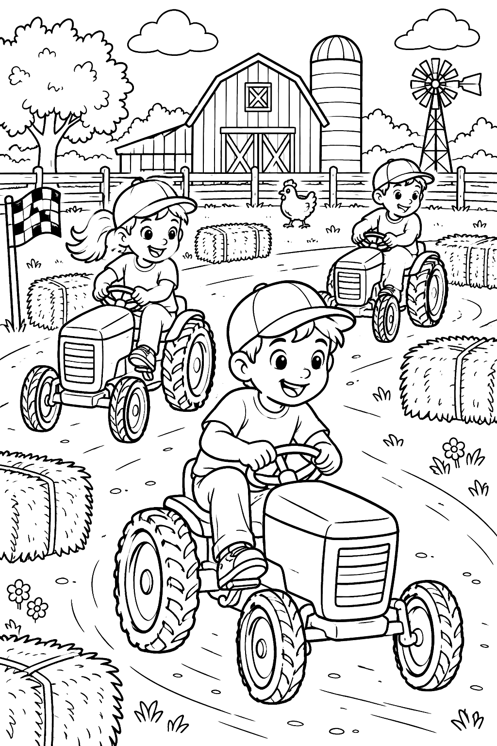 Kids racing pedal tractors around a farm yard with hay bales as markers coloring page