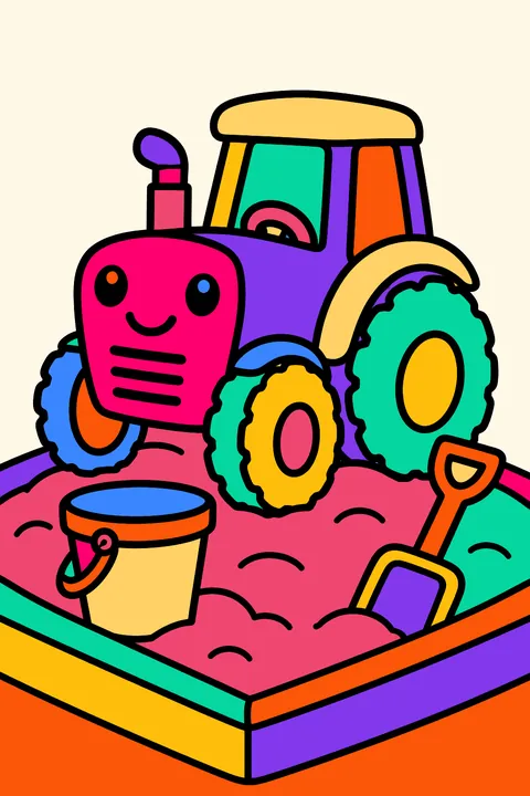 Toy tractor in a sandbox with a little shovel and pail coloring page