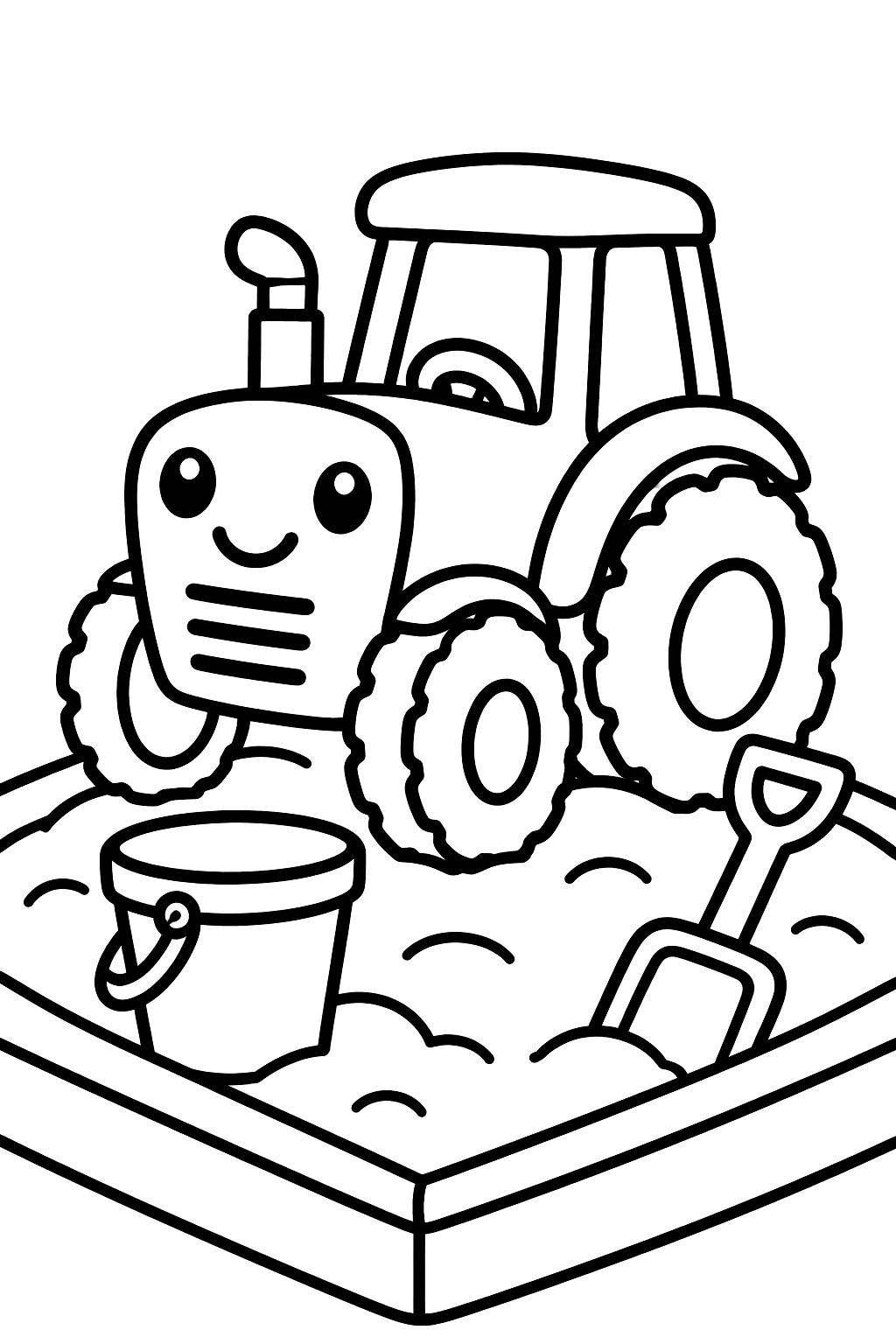 Toy tractor in a sandbox with a little shovel and pail coloring page