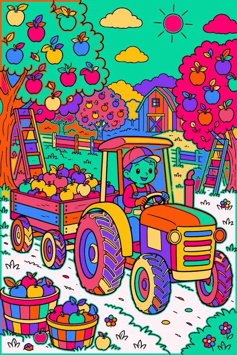 Tractor pulling a cart of apples through an orchard with ladders and baskets coloring page