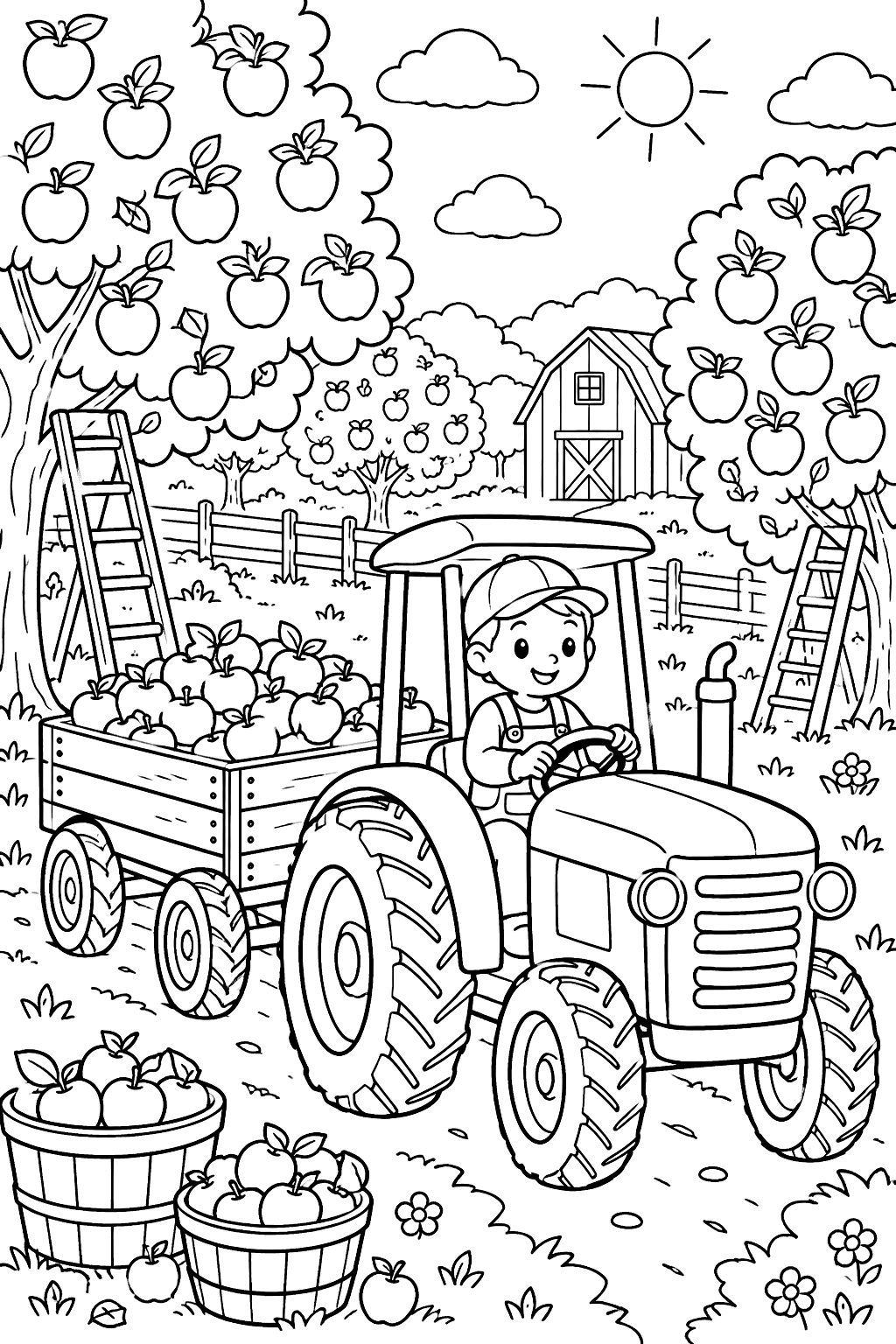 Tractor pulling a cart of apples through an orchard with ladders and baskets coloring page