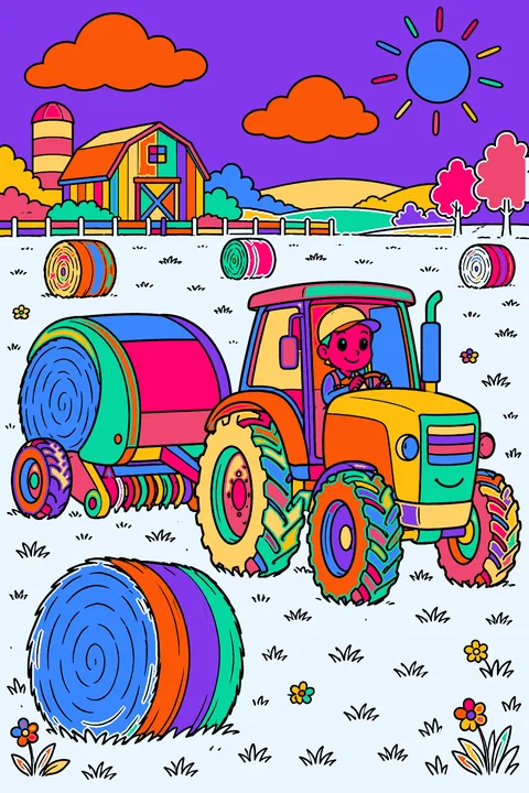 Tractor baling hay with round hay bales scattered across a field coloring page