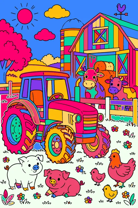 Tractor parked by a big barn with cows, pigs and chickens around coloring page