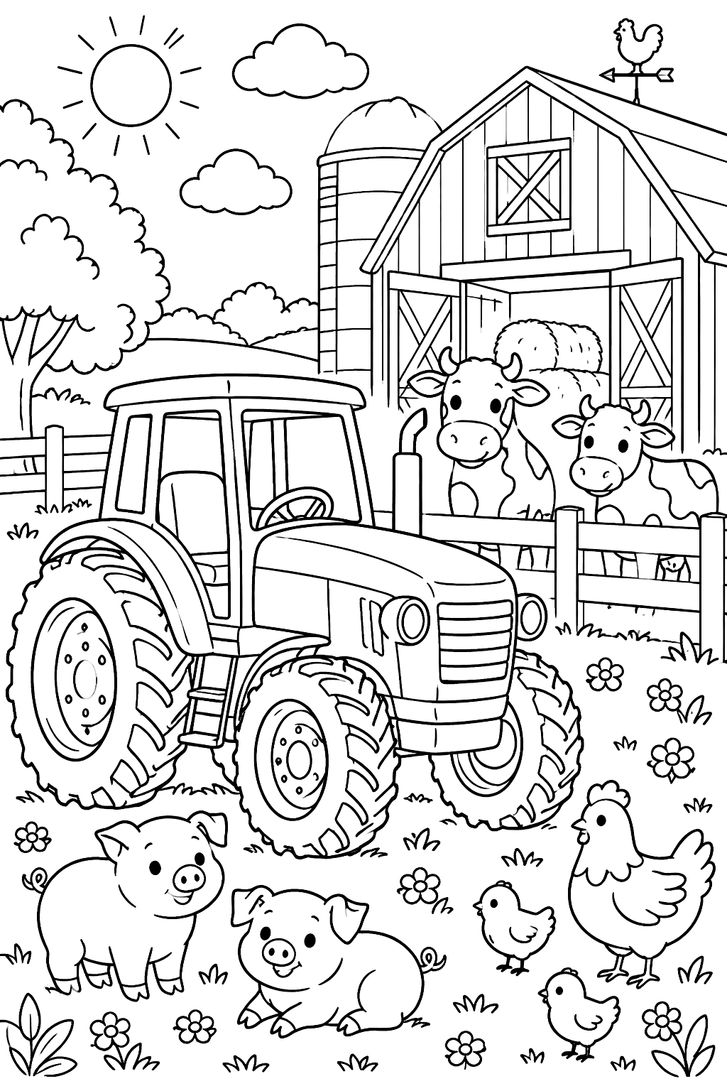 Tractor parked by a big barn with cows, pigs and chickens around coloring page