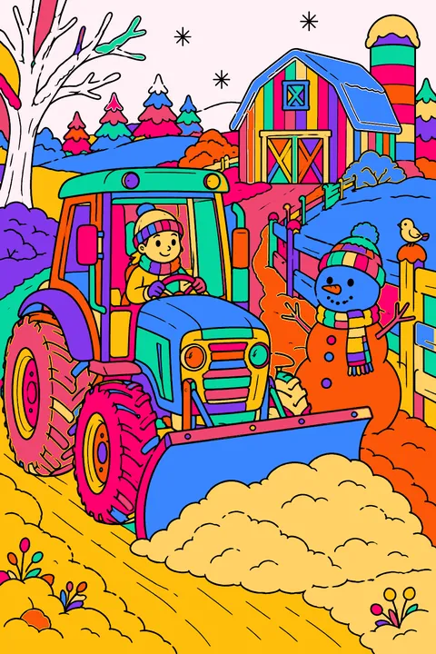 Tractor clearing snow on a farm lane with a snowman beside the fence coloring page