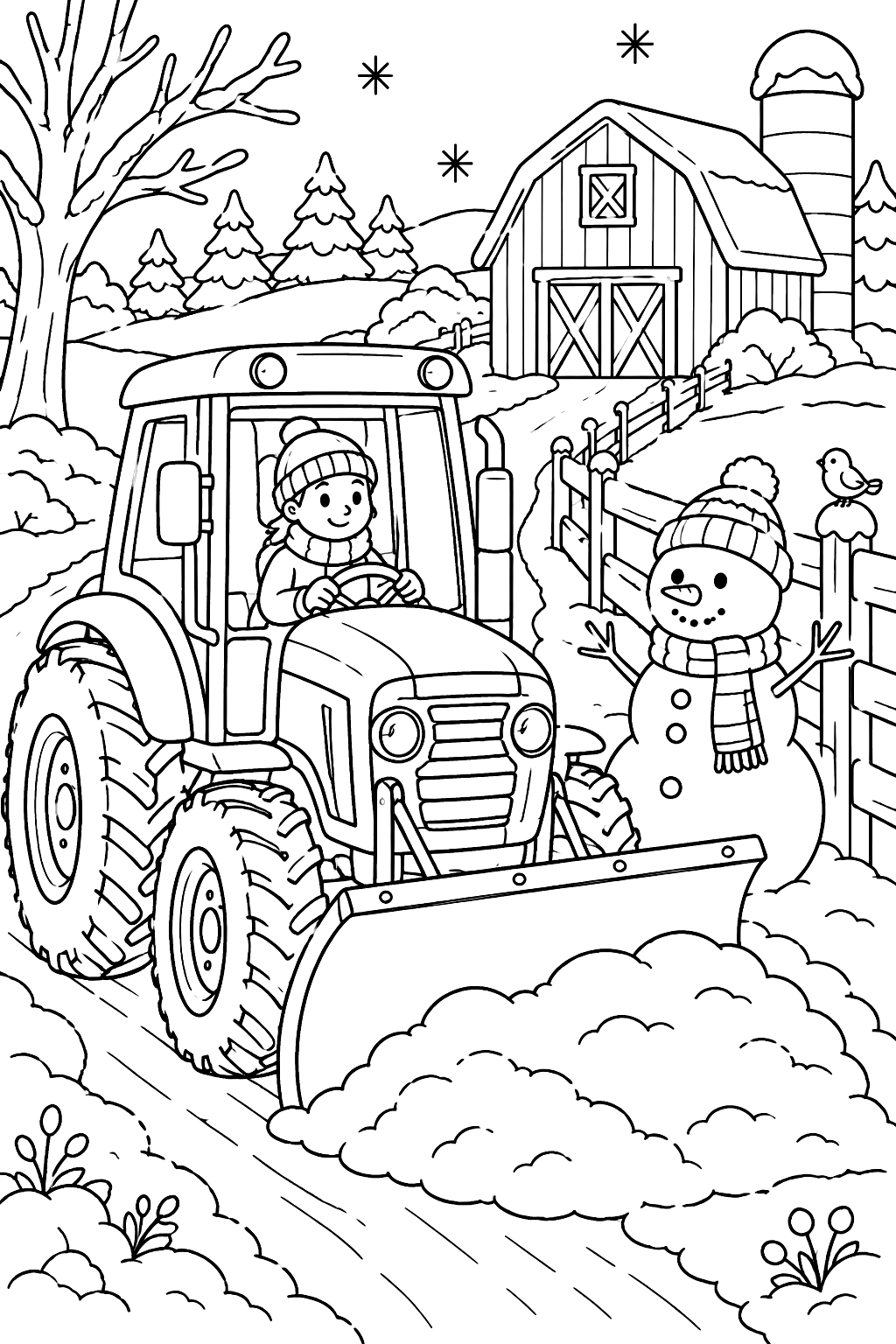 Tractor clearing snow on a farm lane with a snowman beside the fence coloring page