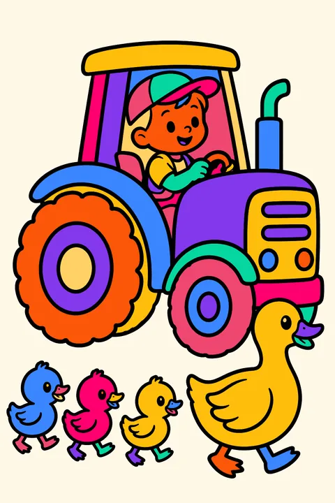 Little tractor with a mother duck and ducklings following behind coloring page