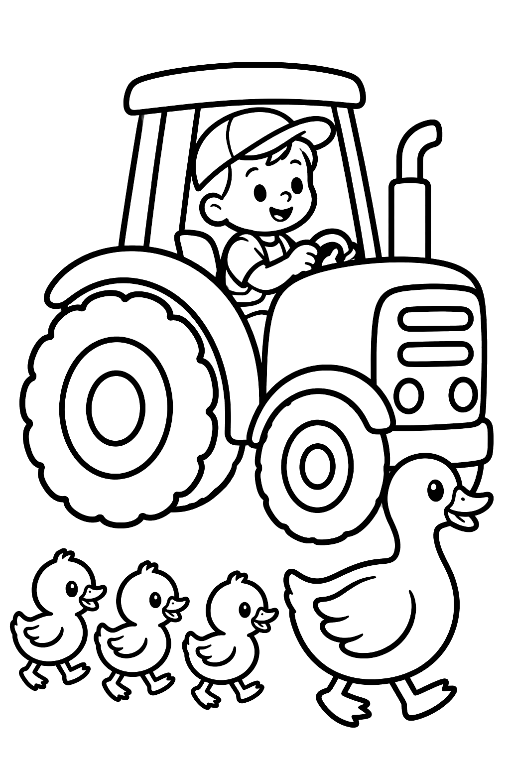 Little tractor with a mother duck and ducklings following behind coloring page