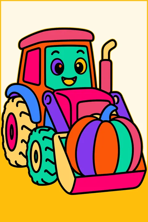 Tractor with a front loader scoop carrying one giant pumpkin coloring page