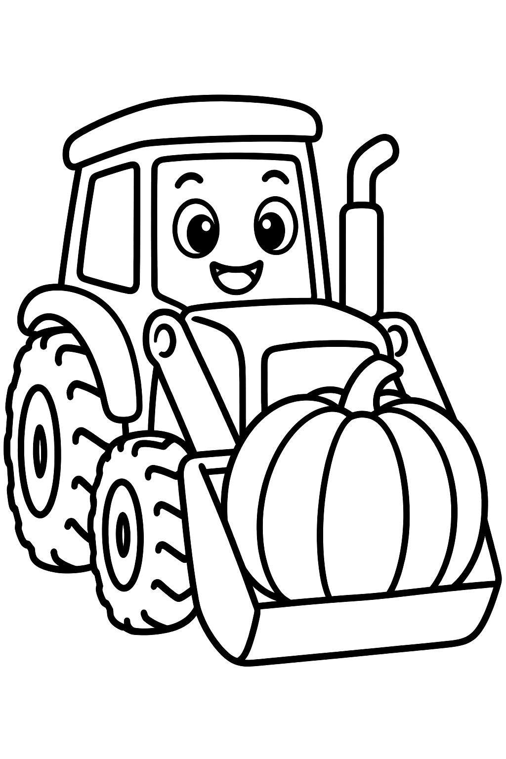 Tractor with a front loader scoop carrying one giant pumpkin coloring page