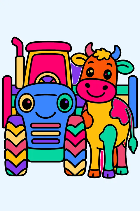 Tractor and a happy cow standing side by side by a wooden fence coloring page