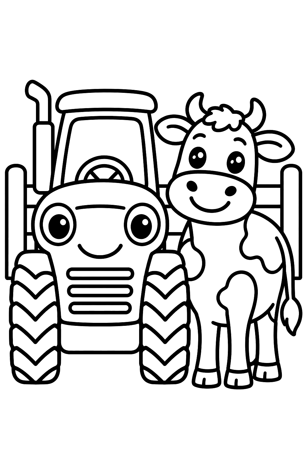 Tractor and a happy cow standing side by side by a wooden fence coloring page