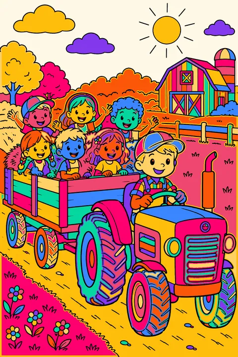 Tractor pulling a hay wagon full of happy kids on a hayride coloring page
