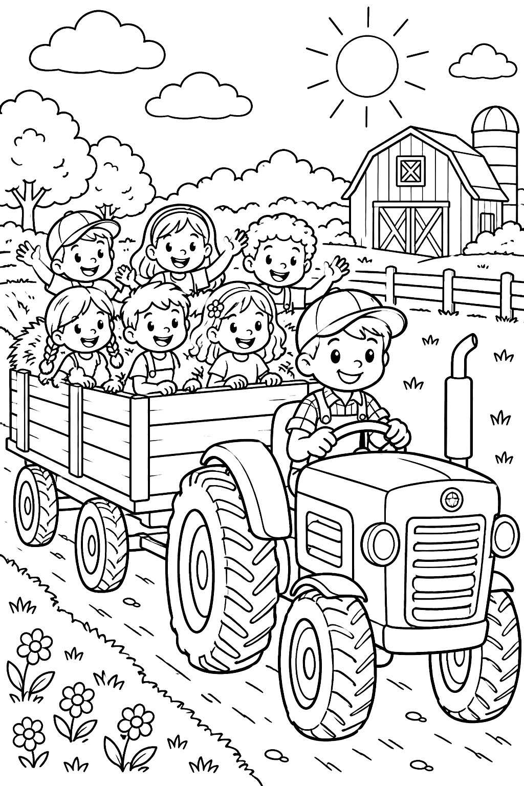 Tractor pulling a hay wagon full of happy kids on a hayride coloring page