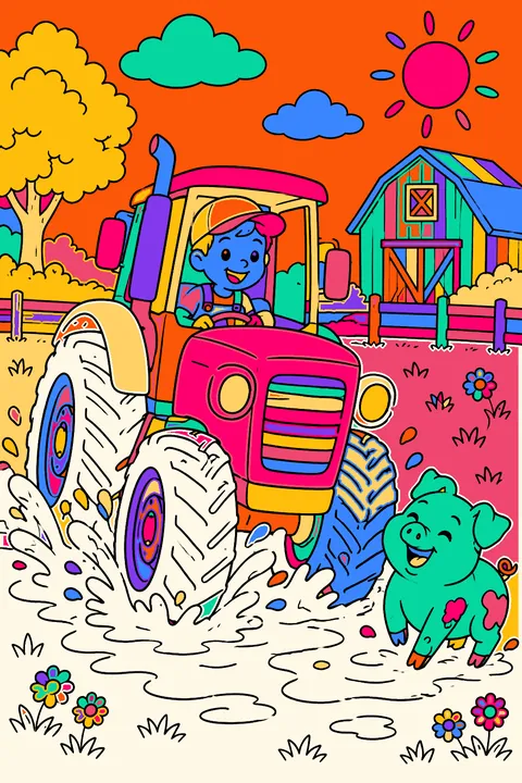 Tractor splashing through a mud puddle next to a laughing pig coloring page