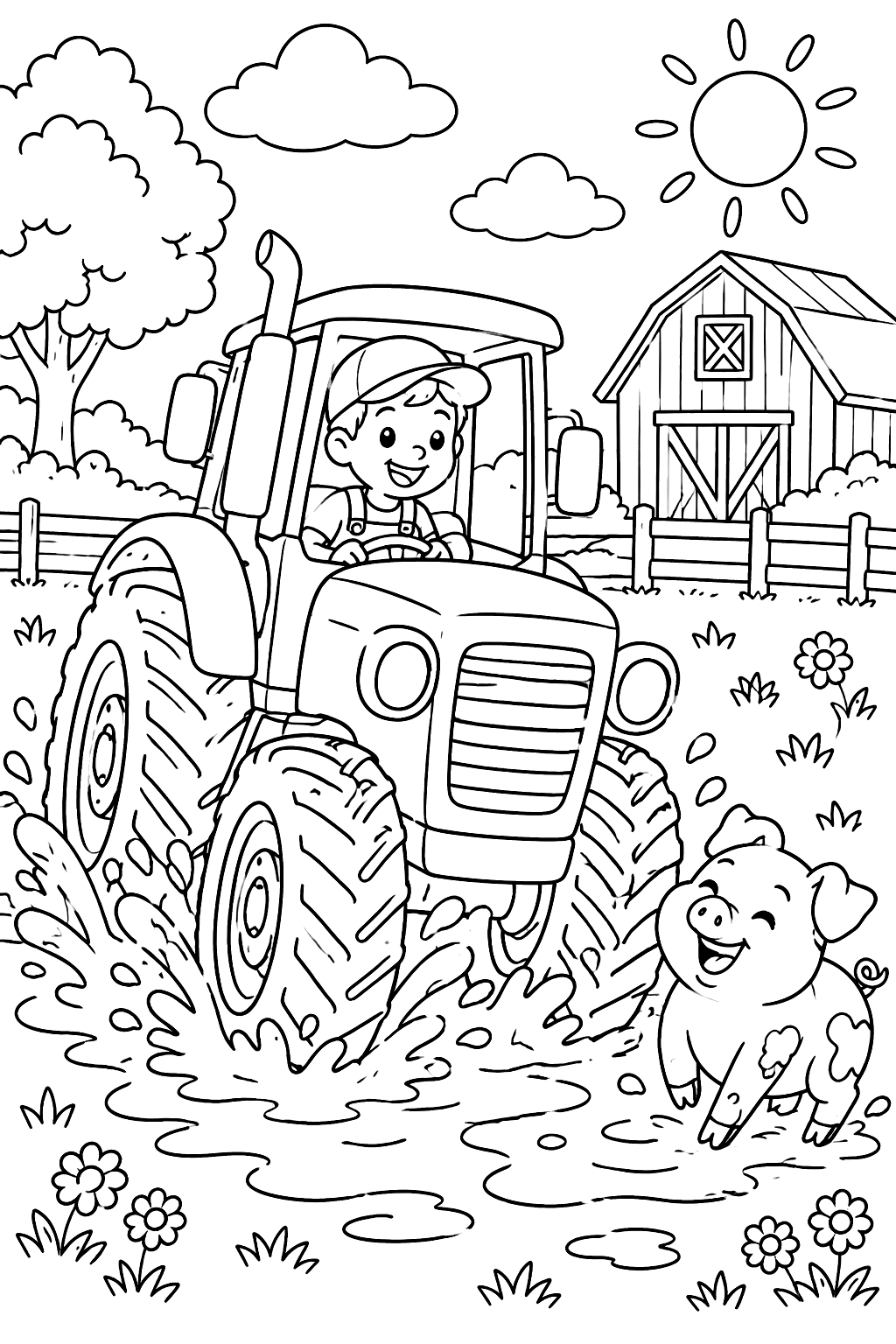 Tractor splashing through a mud puddle next to a laughing pig coloring page