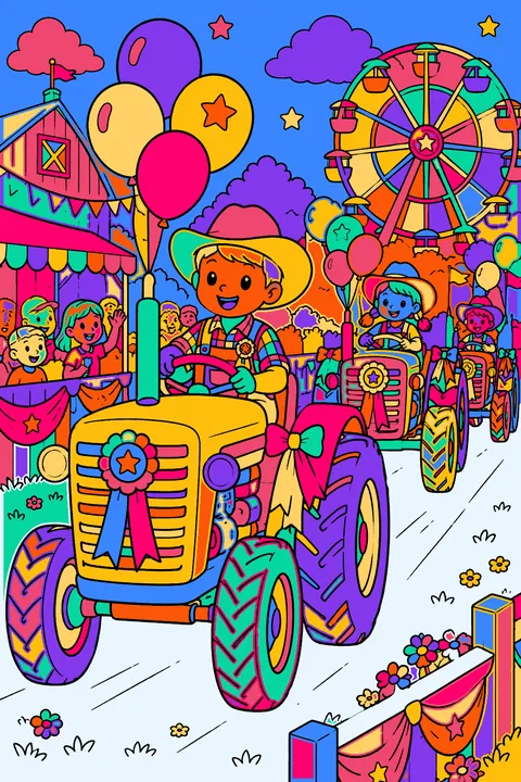 Tractor parade at a county fair with ribbons, balloons and a ferris wheel coloring page