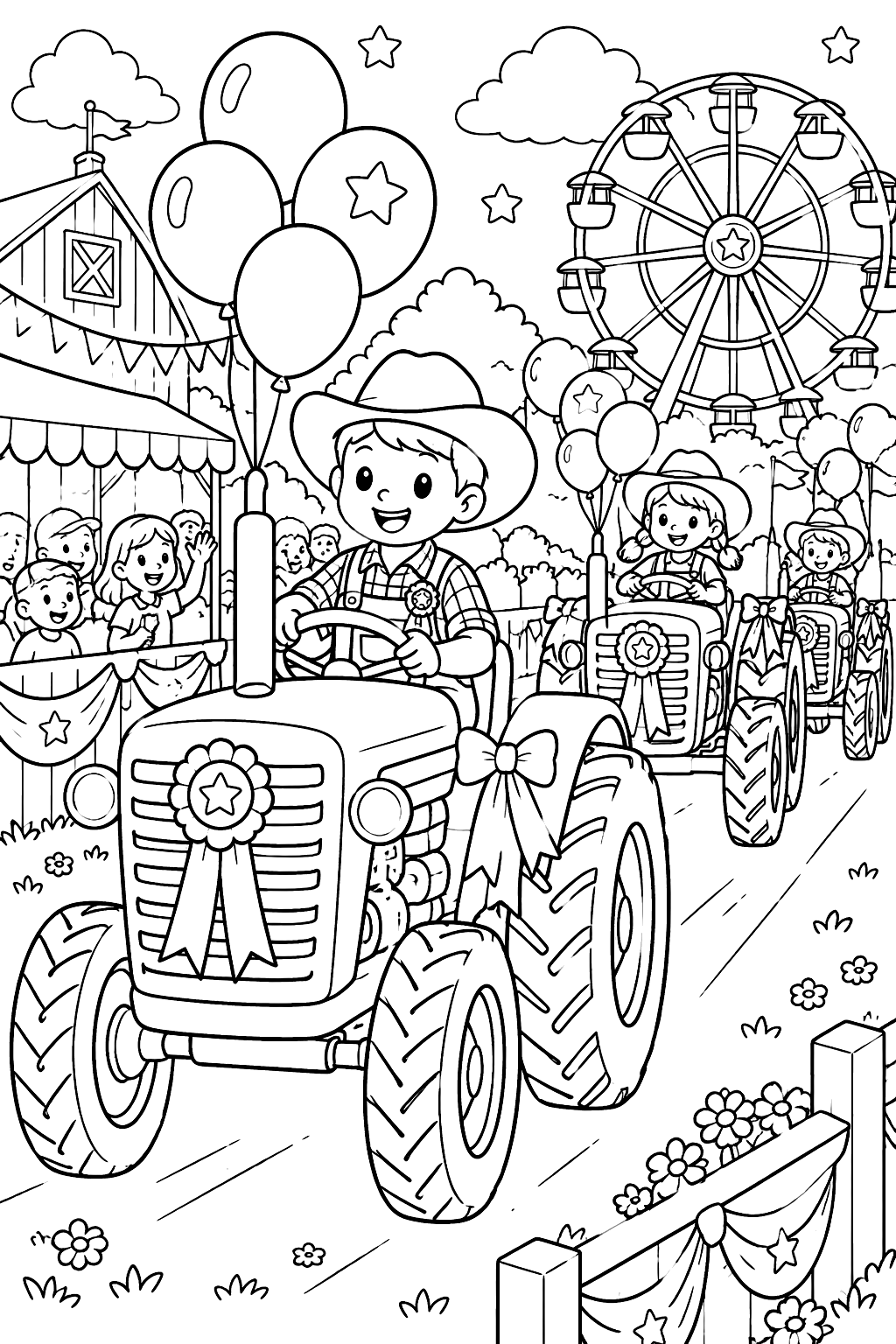 Tractor parade at a county fair with ribbons, balloons and a ferris wheel coloring page
