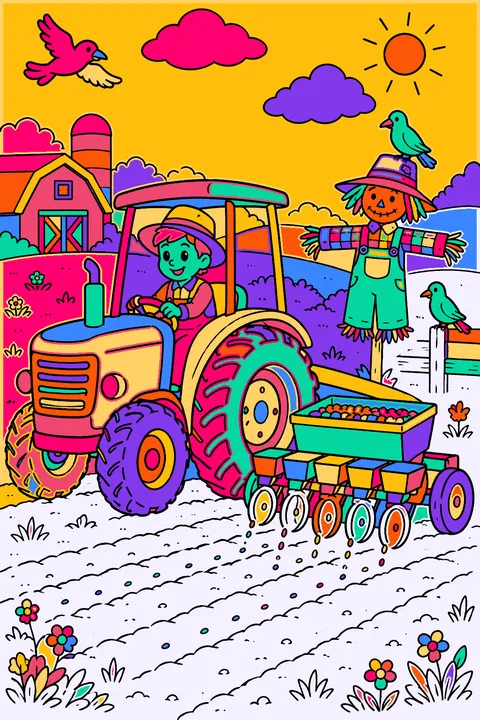 Tractor planting seeds in a field with a scarecrow and crows watching coloring page