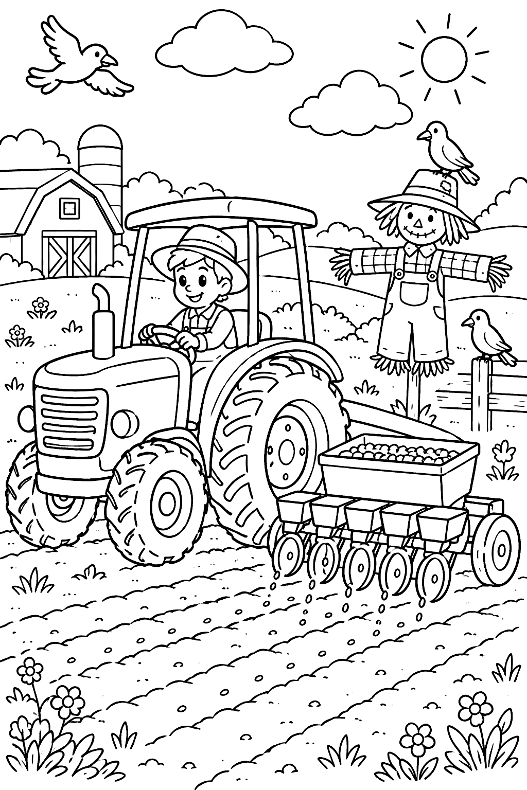 Tractor planting seeds in a field with a scarecrow and crows watching coloring page