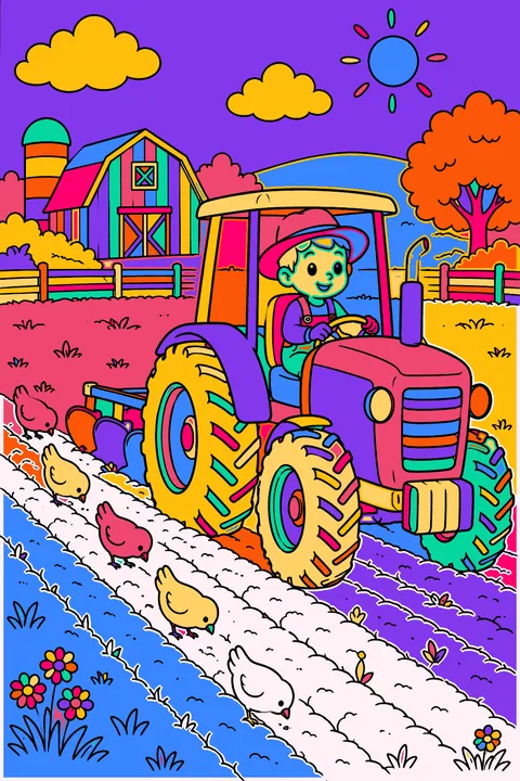 Tractor plowing a field in straight rows with birds following behind coloring page