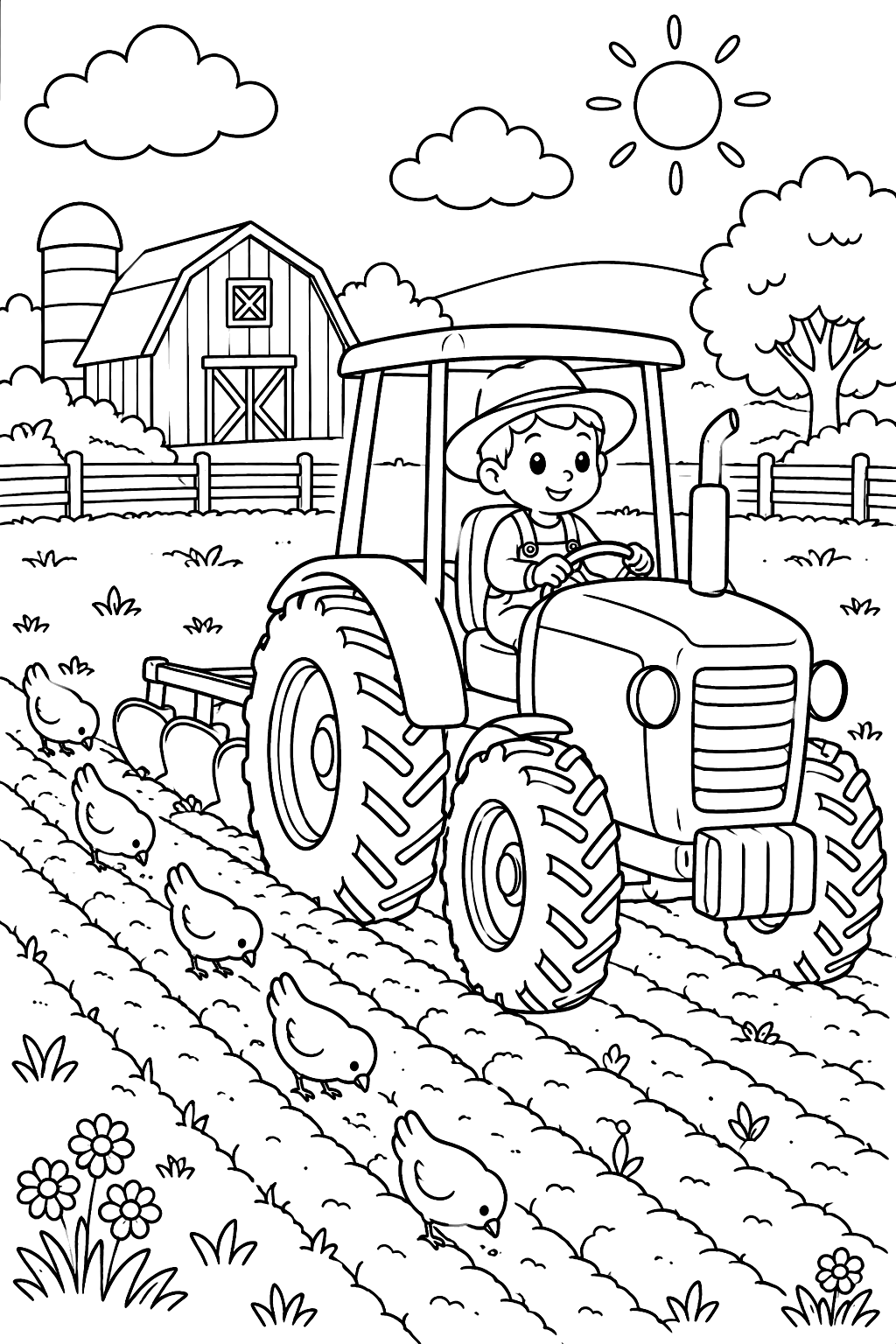 Tractor plowing a field in straight rows with birds following behind coloring page