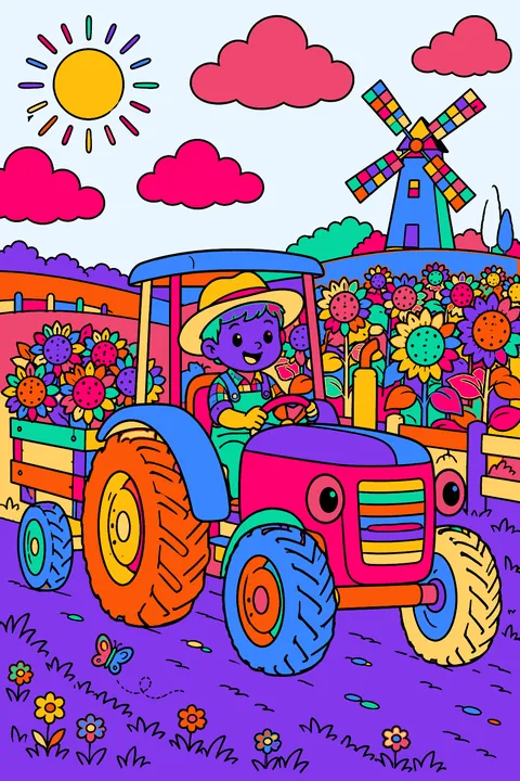 Tractor driving past a sunflower field with a windmill and fluffy clouds coloring page