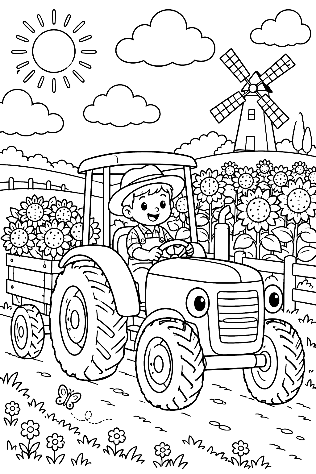 Tractor driving past a sunflower field with a windmill and fluffy clouds coloring page