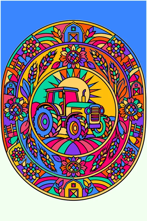 Tractor mandala with wheat stalks, sunflowers and intricate farm patterns in rings coloring page