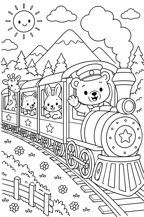 Animal passengers on a train coloring page