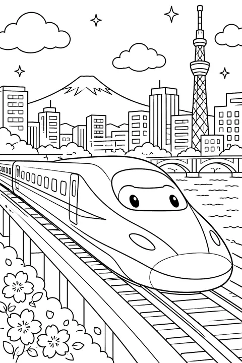 Bullet train speeding past a city coloring page