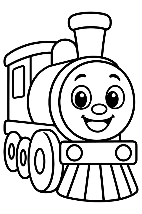 Cartoon train engine with a smiling face coloring page
