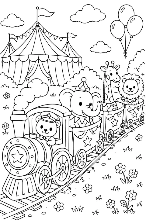 Circus train with animal cars coloring page