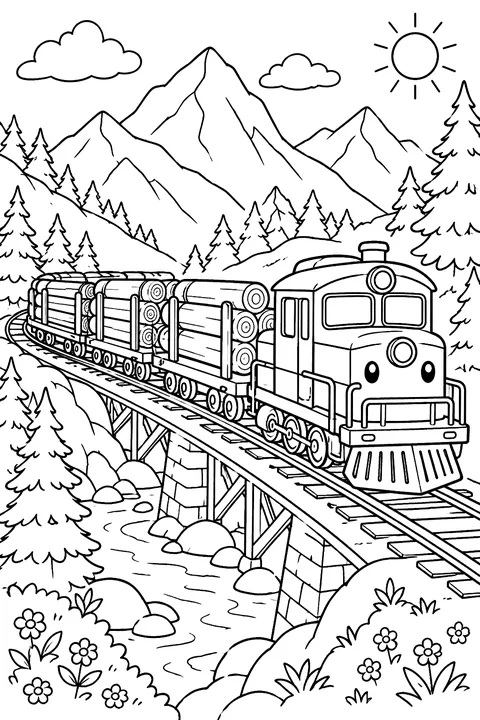 Freight train carrying logs through mountains coloring page