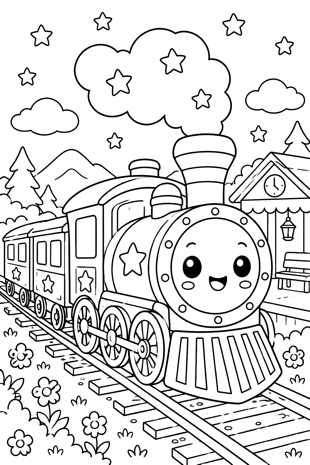 Kawaii train with stars coloring page