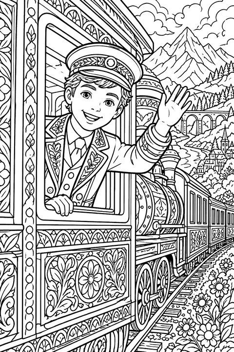 Kid conductor waving from a train coloring page