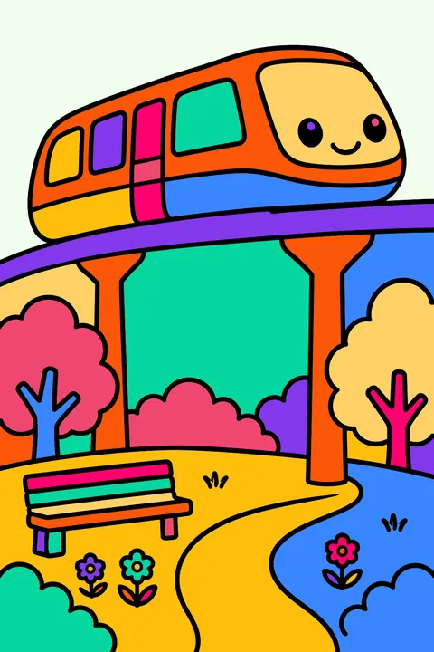 Monorail over a park coloring page