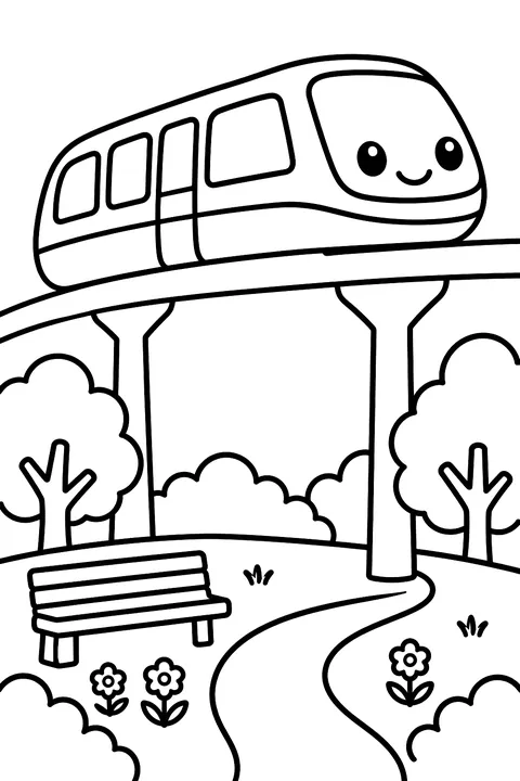 Monorail over a park coloring page