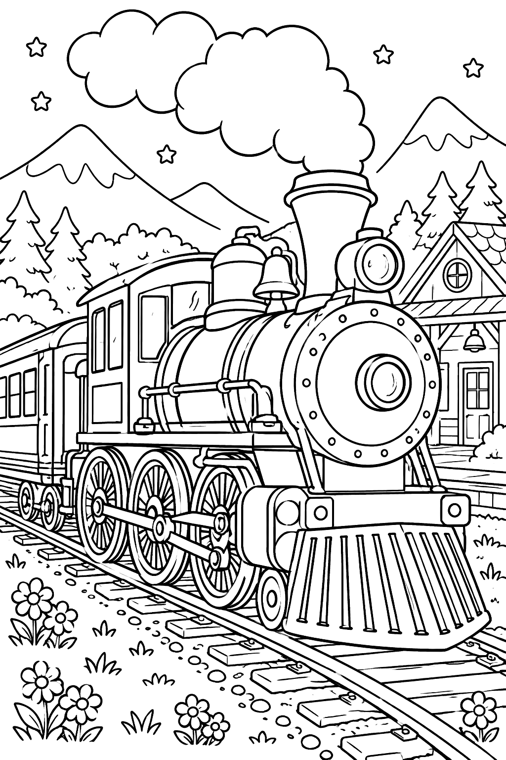 Steam locomotive with wheels and pistons coloring page