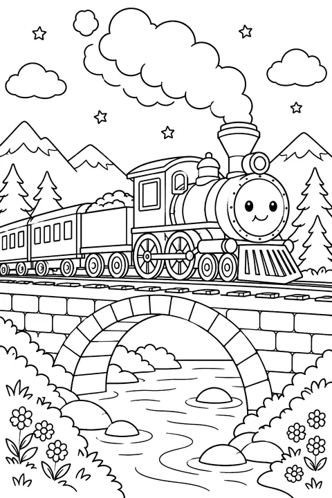 Steam train with smoke puffing over a bridge coloring page