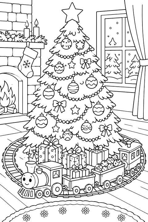 Toy train on a track around a Christmas tree coloring page