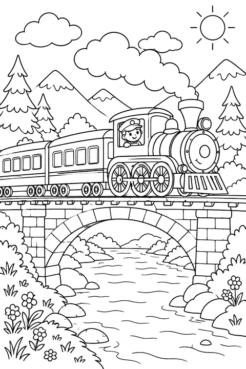 Train crossing a river bridge coloring page