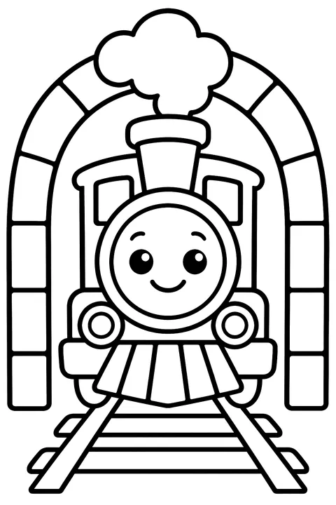Train going through a tunnel coloring page