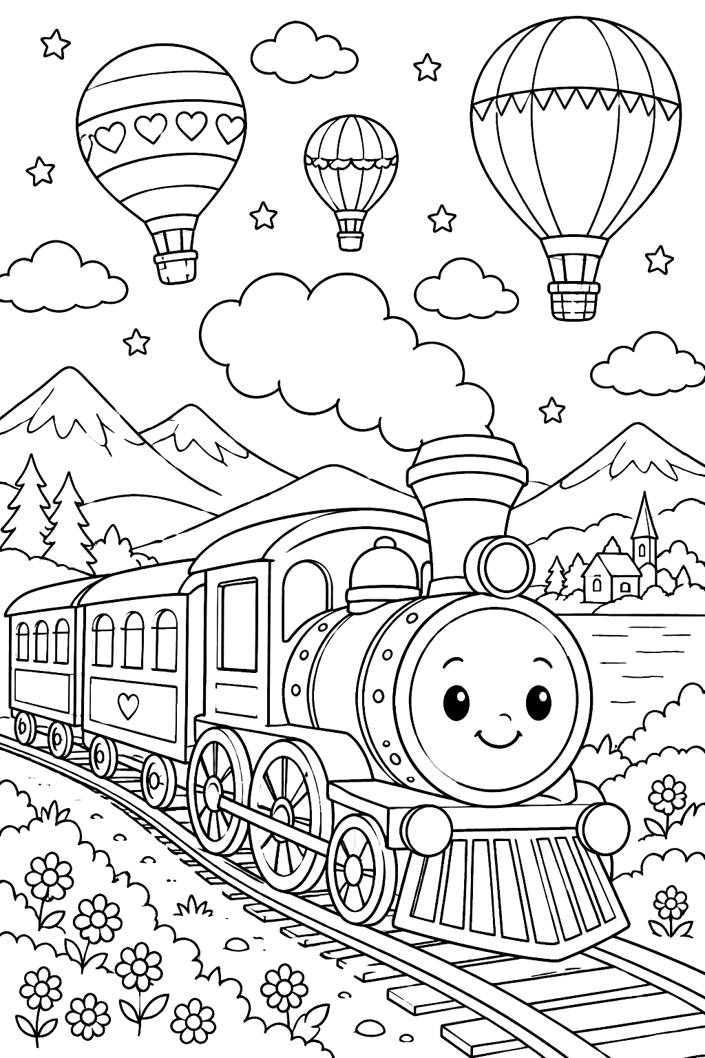 Train with hot air balloons above coloring page